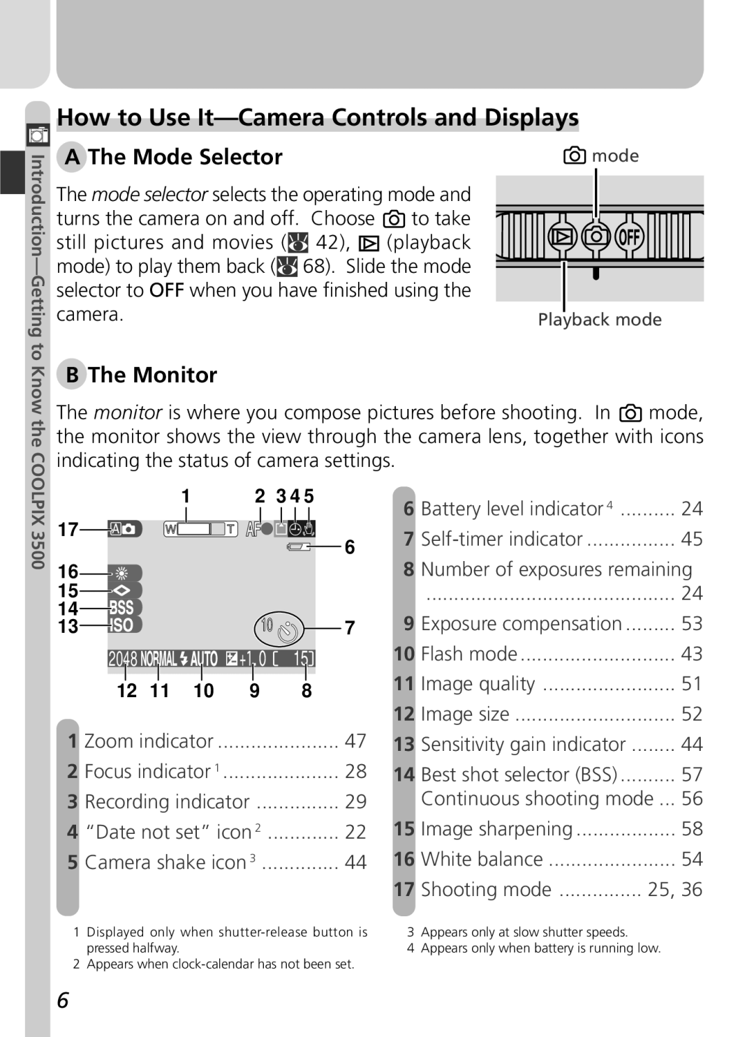 Nikon 3500 manual How to Use It-Camera Controls and Displays, Mode Selector, Monitor 