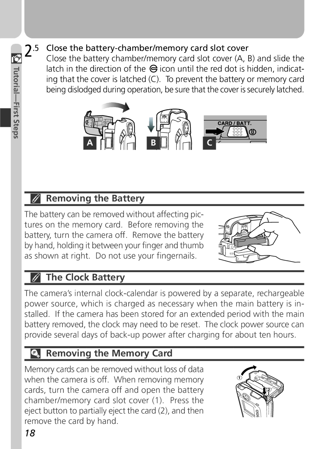 Nikon 3500 Removing the Battery, Clock Battery, Removing the Memory Card, Close the battery-chamber/memory card slot cover 