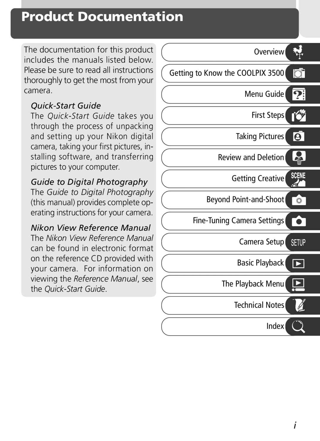 Nikon 3500 manual Product Documentation, Quick-Start Guide, Playback Menu 