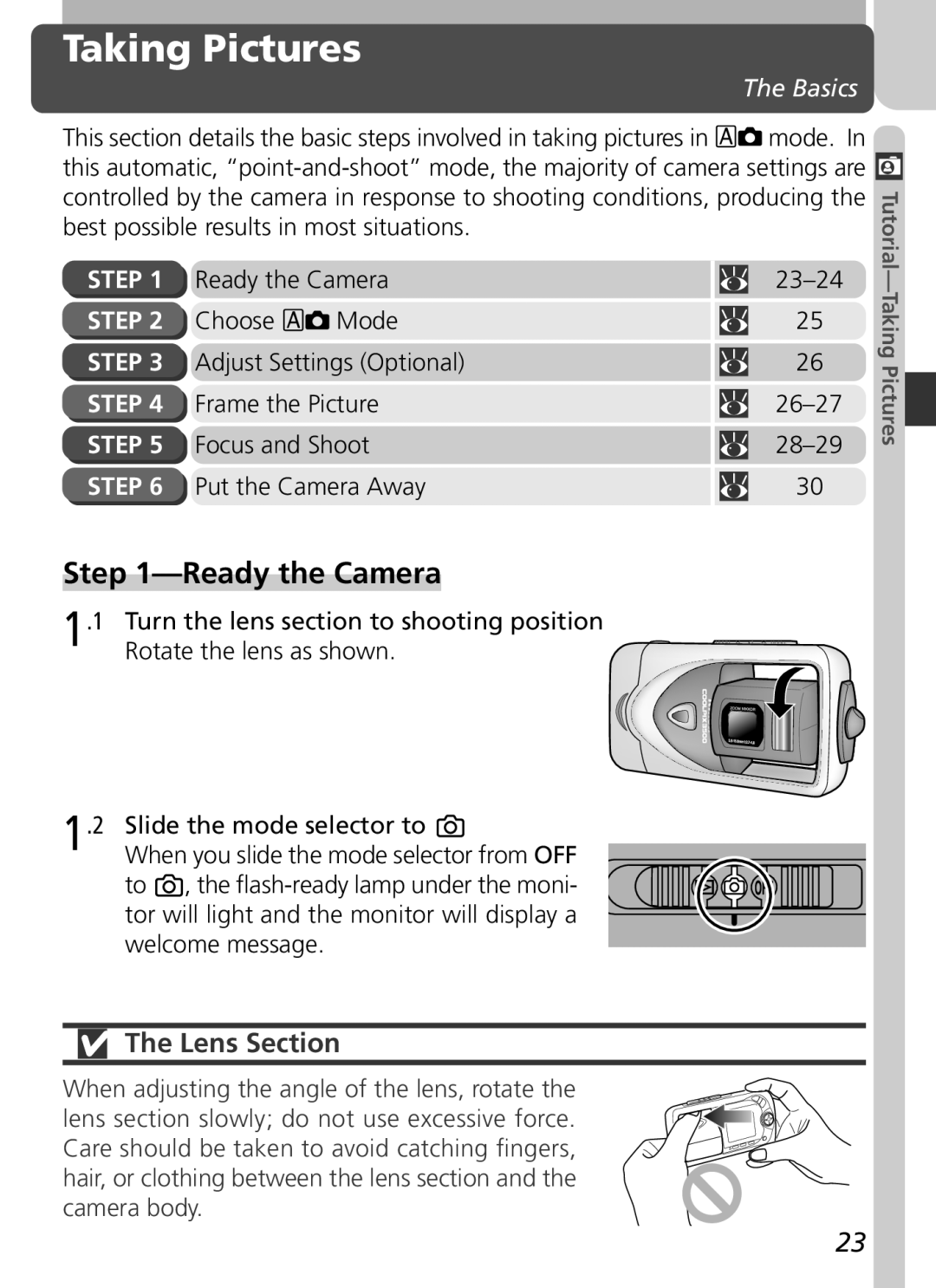 Nikon 3500 manual Taking Pictures, Ready the Camera, Lens Section, Basics 