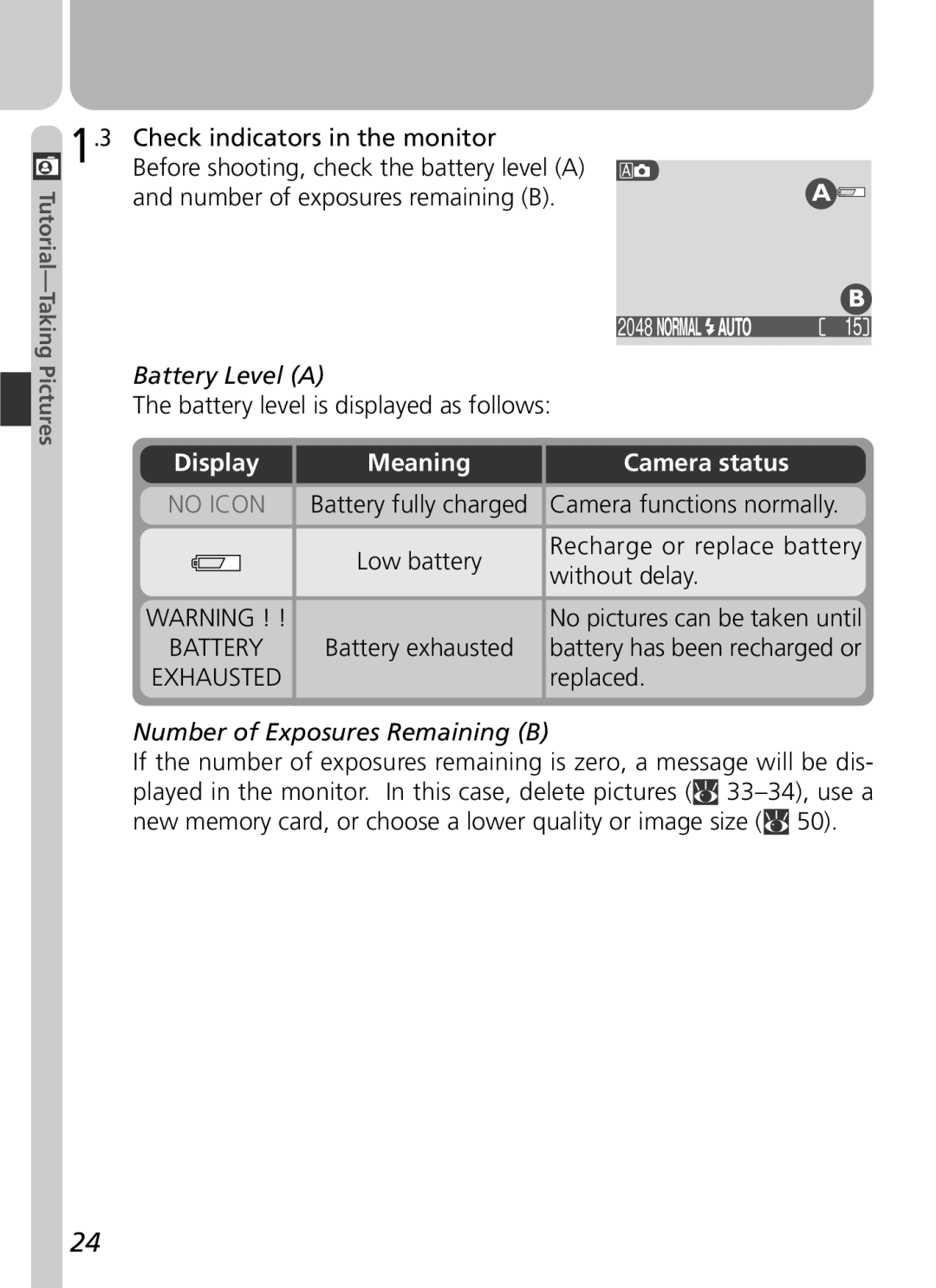 Nikon 3500 manual Battery Level a, Display, Meaning, Camera status, Number of Exposures Remaining B 