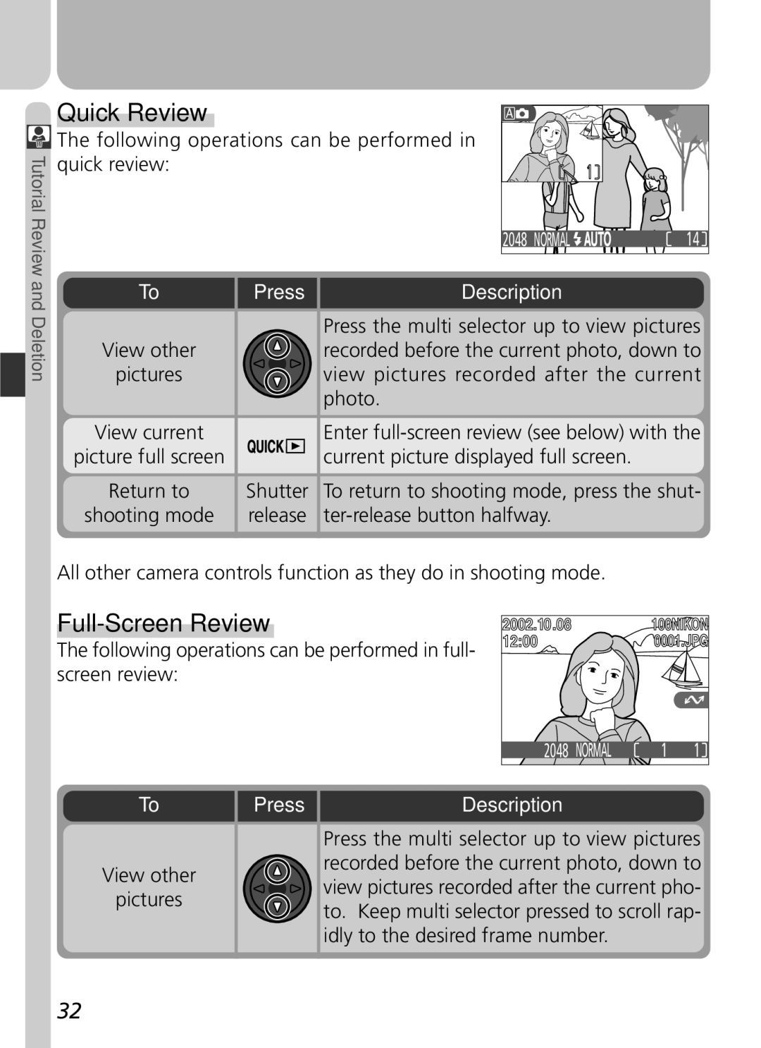 Nikon 3500 manual Quick Review, Full-Screen Review, Following operations can be performed in quick review, Press 