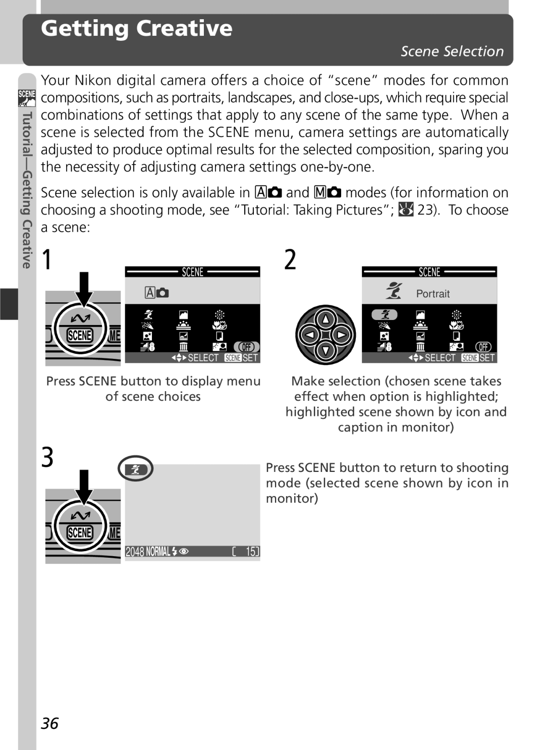 Nikon 3500 manual Getting Creative, Scene Selection 