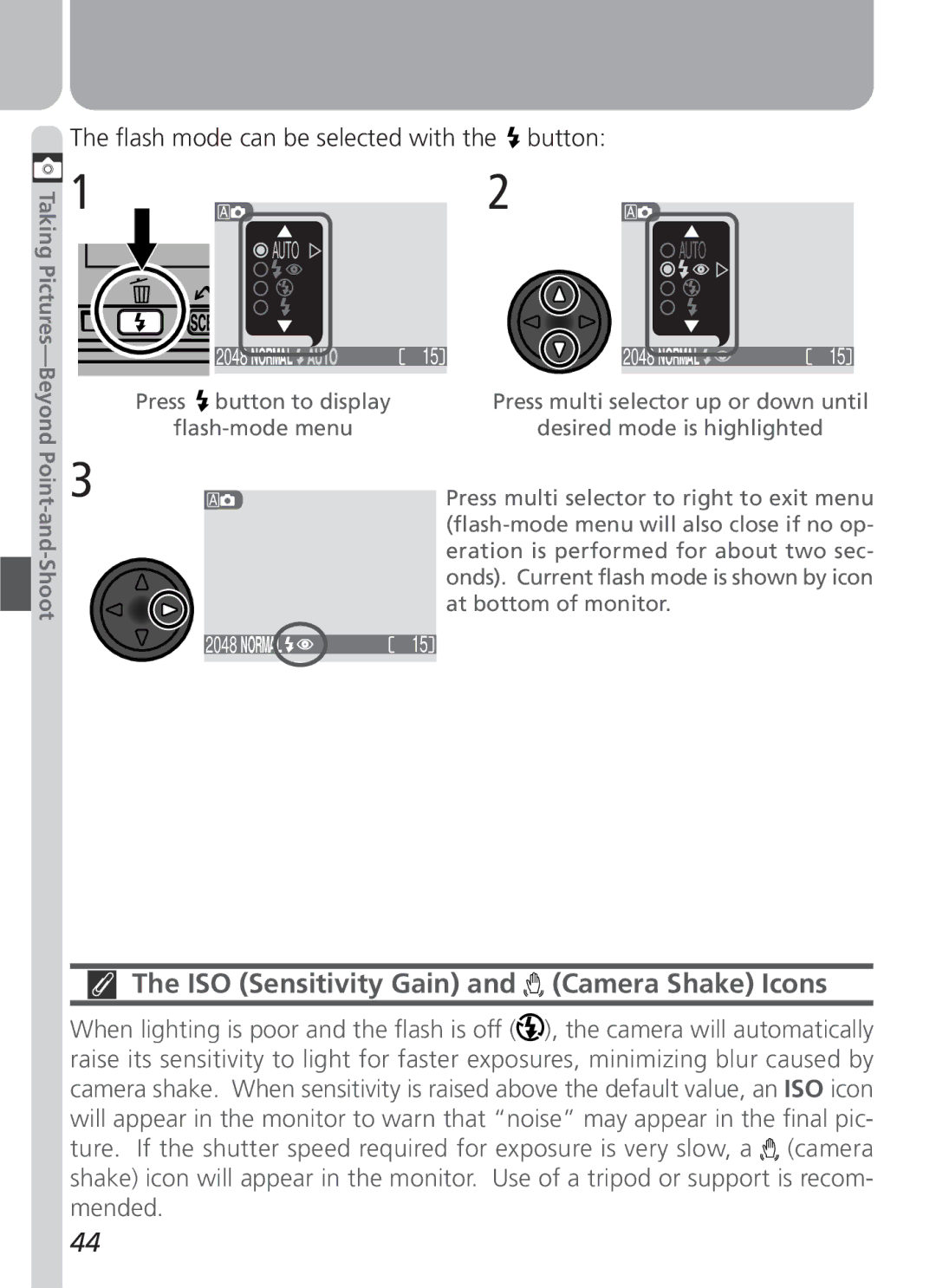 Nikon 3500 manual ISO Sensitivity Gain and Camera Shake Icons, Flash mode can be selected with the button 