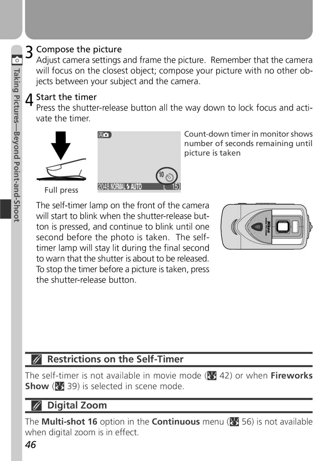 Nikon 3500 manual Restrictions on the Self-Timer, Digital Zoom 