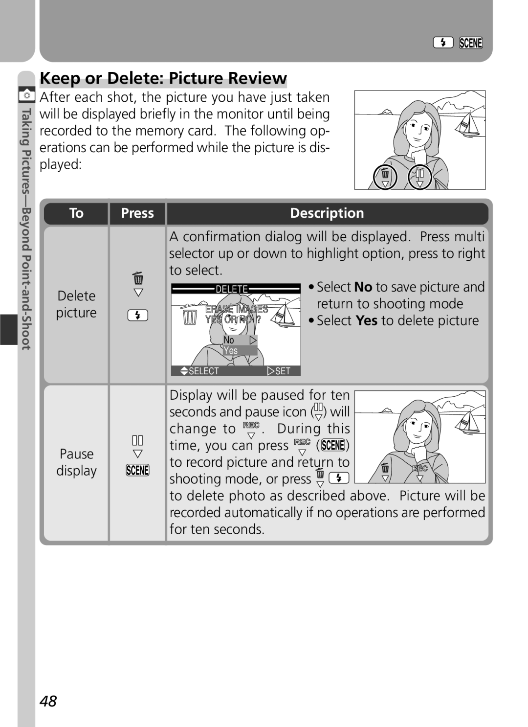 Nikon 3500 manual Keep or Delete Picture Review, Press Description, Delete picture, Will 