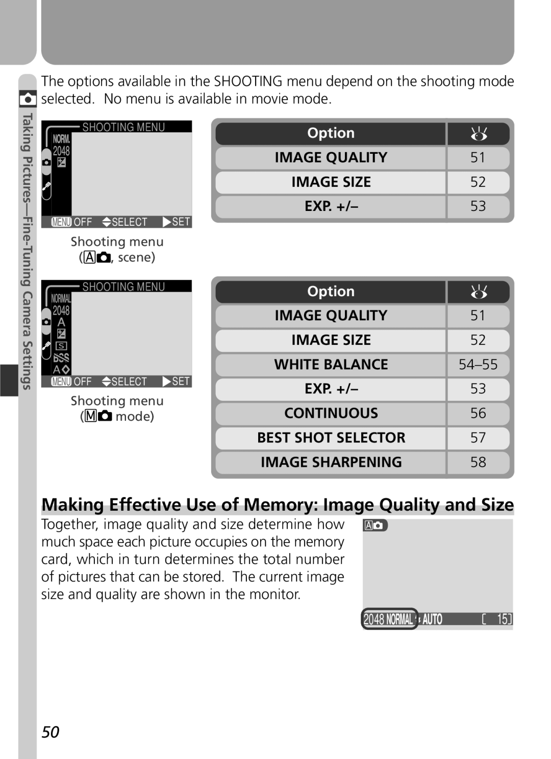 Nikon 3500 manual Making Effective Use of Memory Image Quality and Size, Option, 54-55 