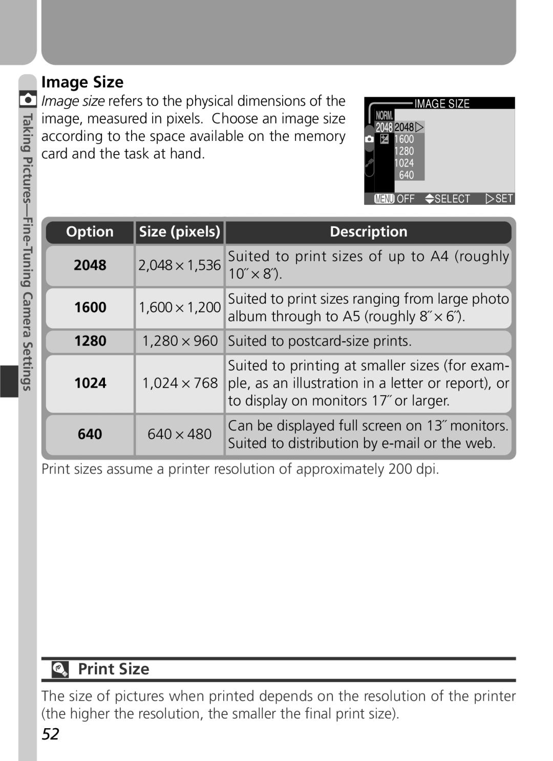 Nikon 3500 manual Image Size, Print Size, Size pixels 