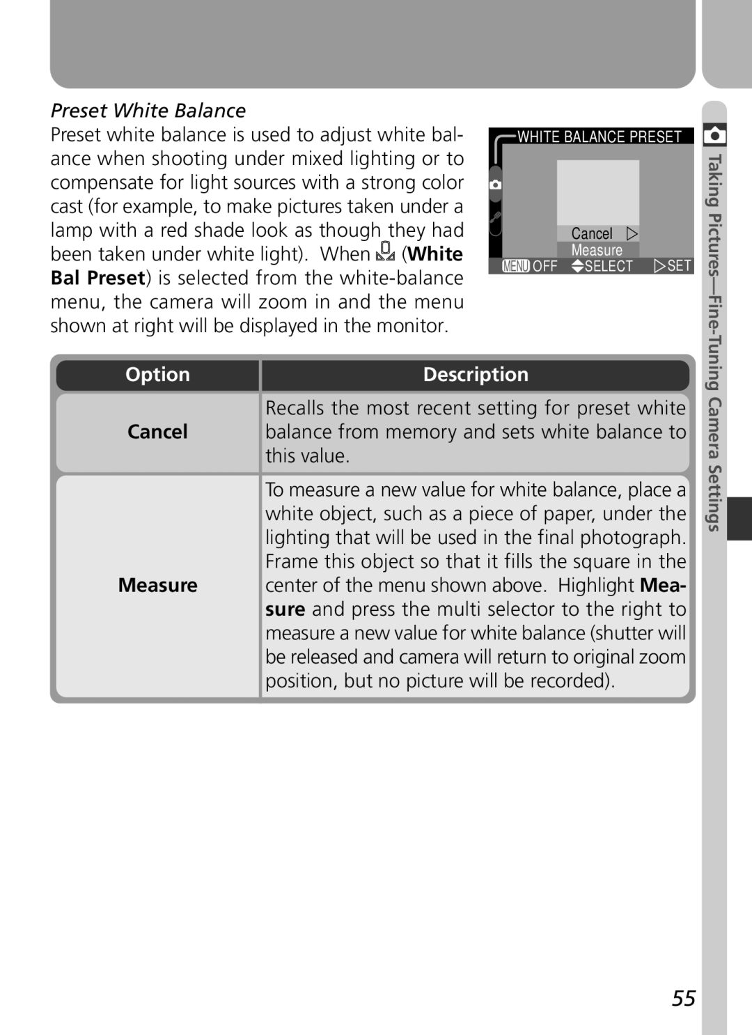 Nikon 3500 manual Preset White Balance, Option Description, This value, Position, but no picture will be recorded 