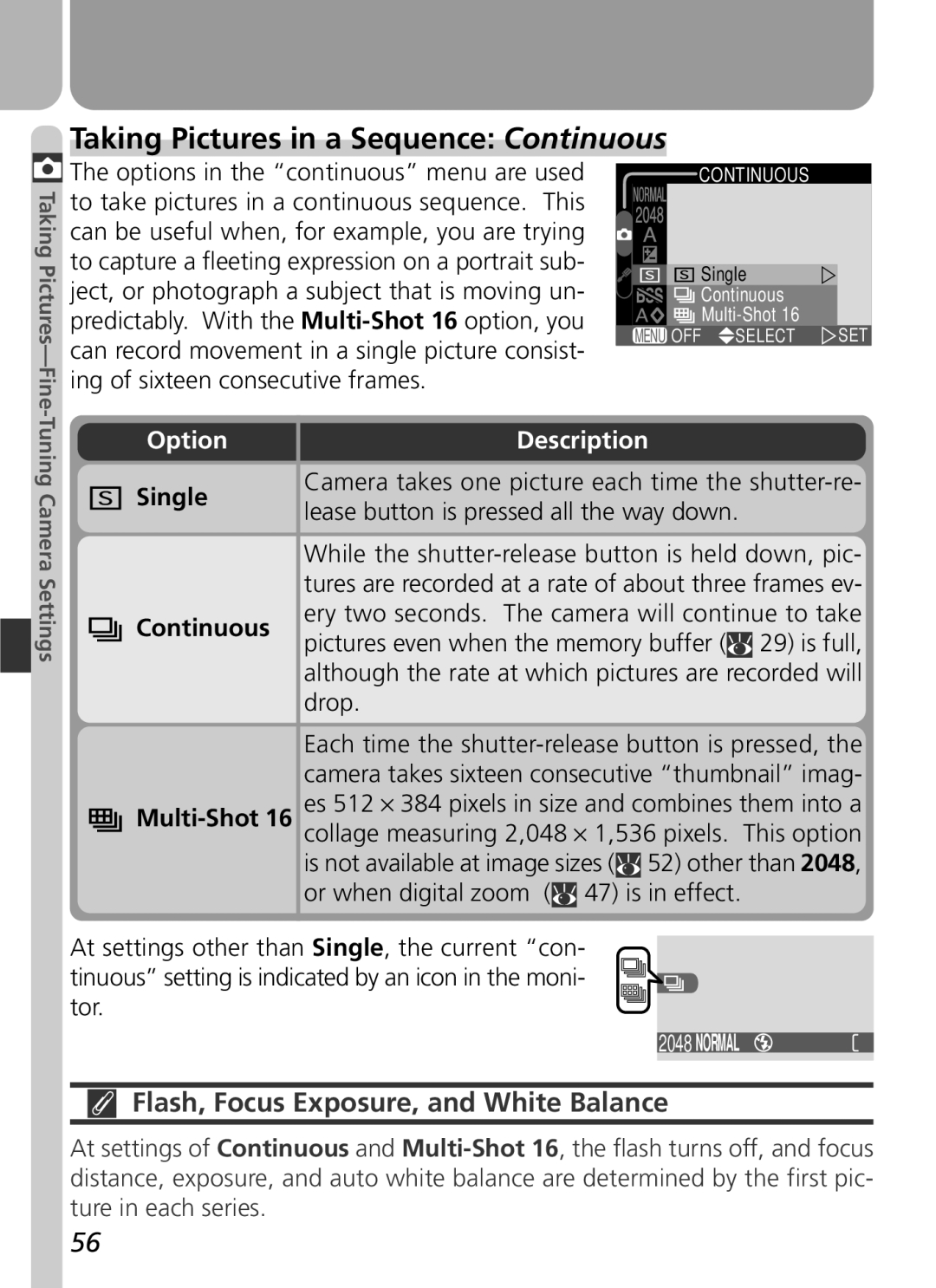 Nikon 3500 manual Taking Pictures in a Sequence Continuous, Flash, Focus Exposure, and White Balance 