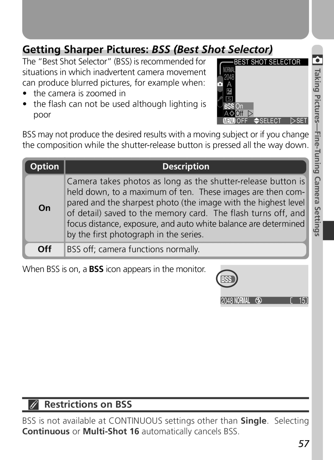 Nikon 3500 manual Getting Sharper Pictures BSS Best Shot Selector, Restrictions on BSS 