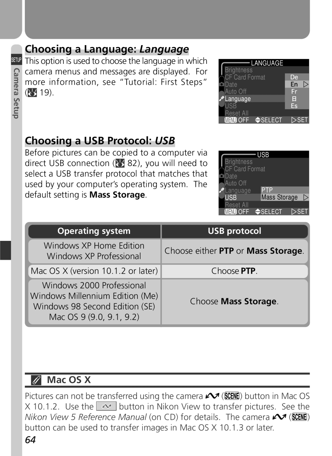 Nikon 3500 manual Choosing a Language Language, Choosing a USB Protocol USB, Mac OS, Operating system, USB protocol 