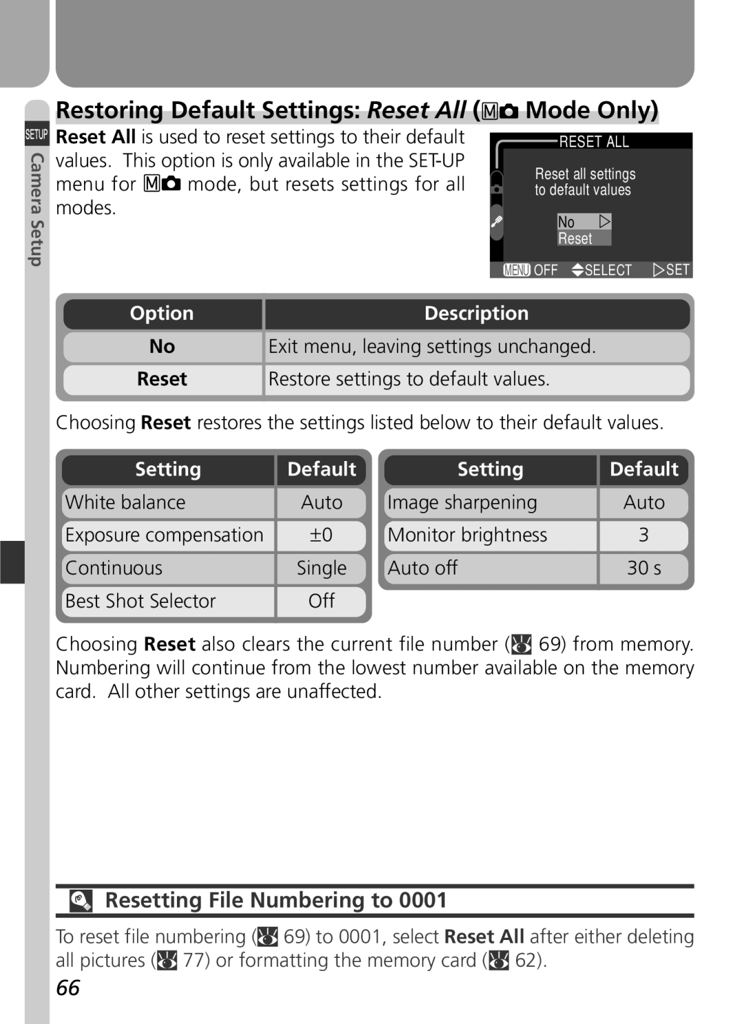 Nikon 3500 manual Mode Only, Resetting File Numbering to, Menu for mode, but resets settings for all modes, Default Setting 