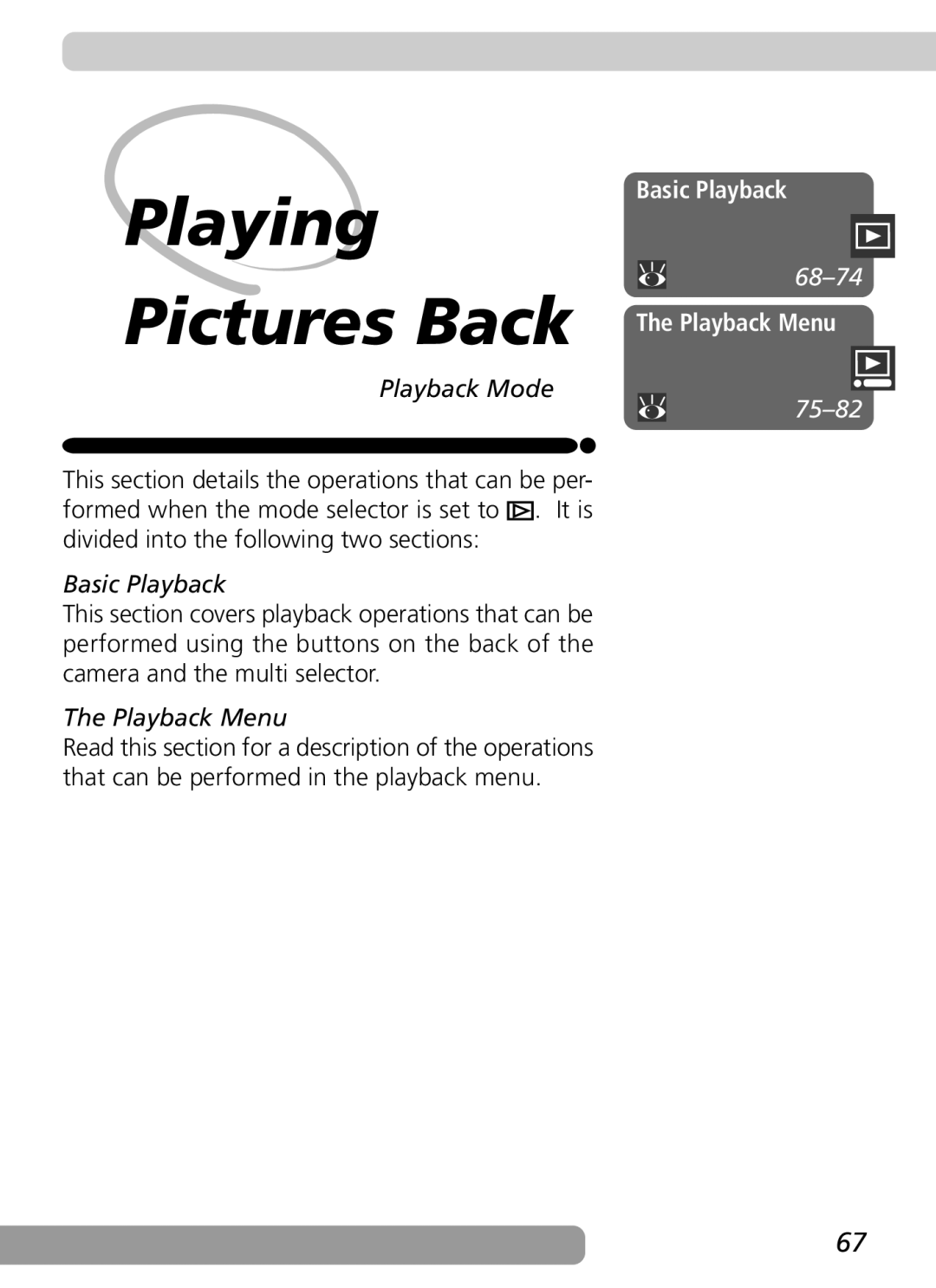 Nikon 3500 manual Basic Playback, 68-74, Playback Menu, 75-82 