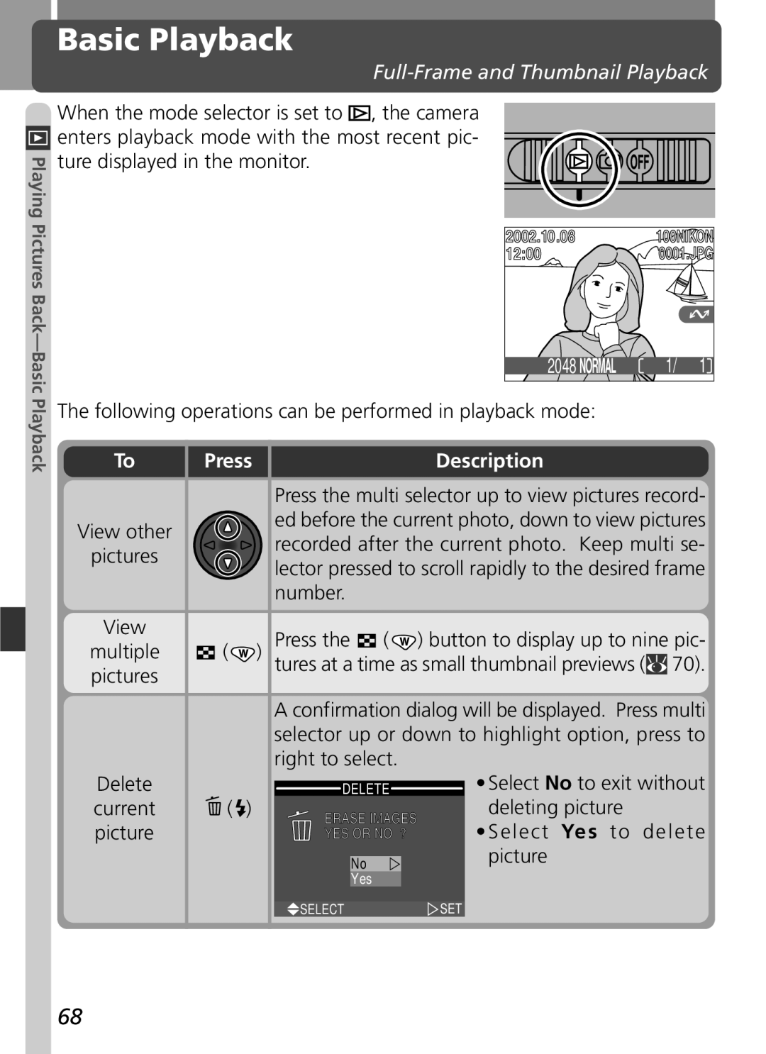 Nikon 3500 manual Basic Playback, Full-Frame and Thumbnail Playback, Ture displayed in the monitor 