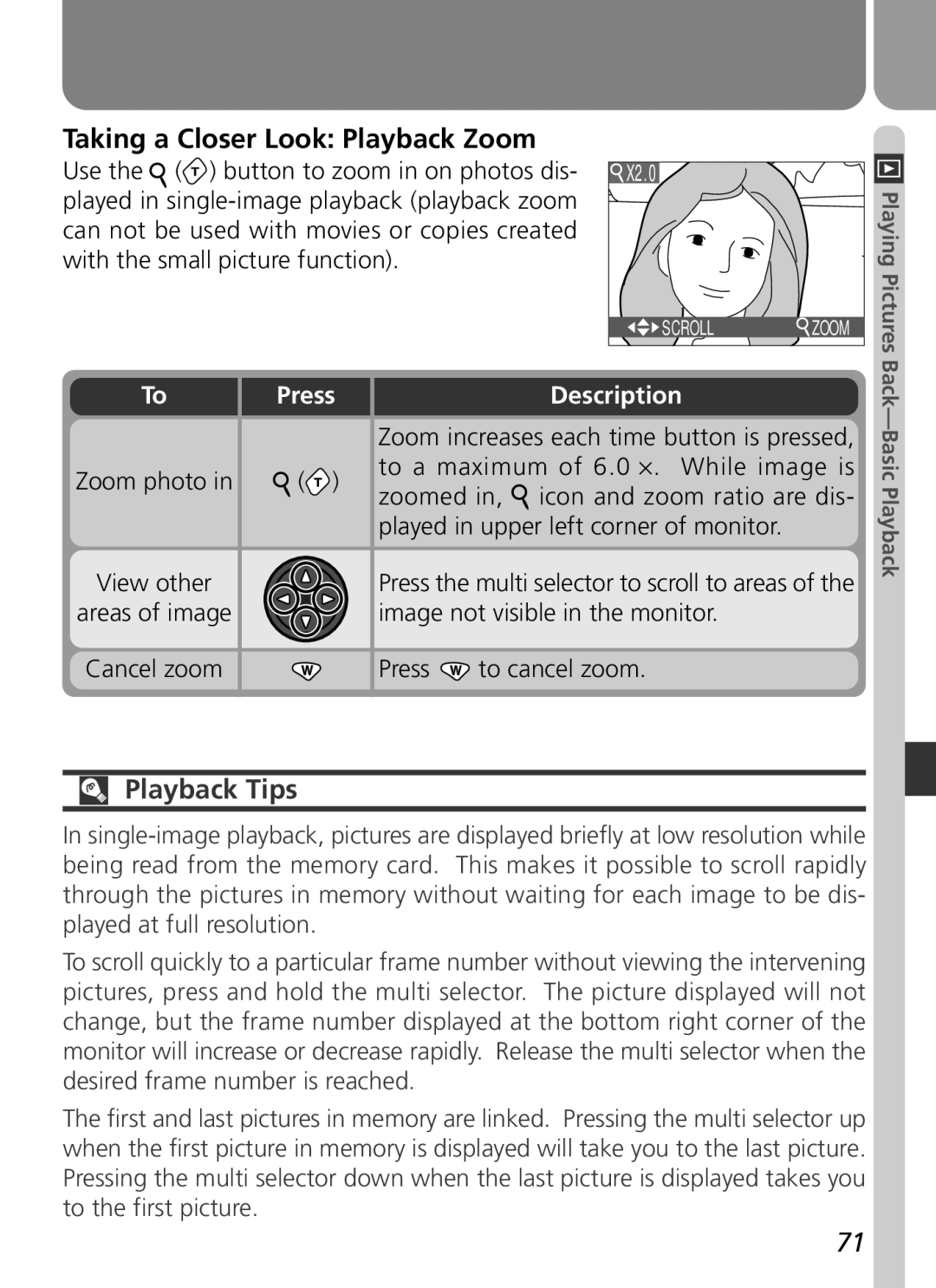 Nikon 3500 manual Taking a Closer Look Playback Zoom, Playback Tips, Zoom photo View other Areas of image Cancel zoom 