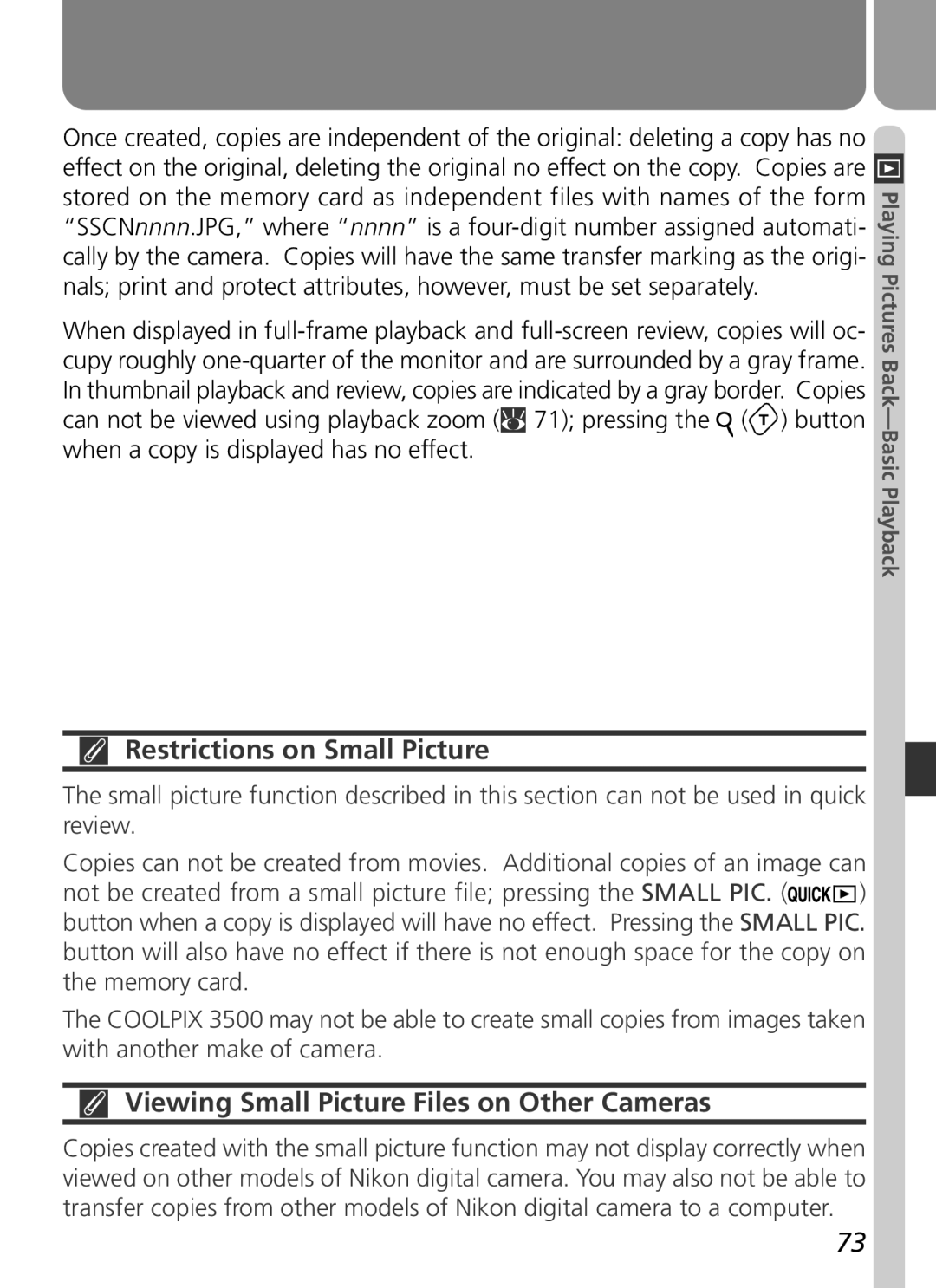 Nikon 3500 manual Restrictions on Small Picture, Viewing Small Picture Files on Other Cameras 