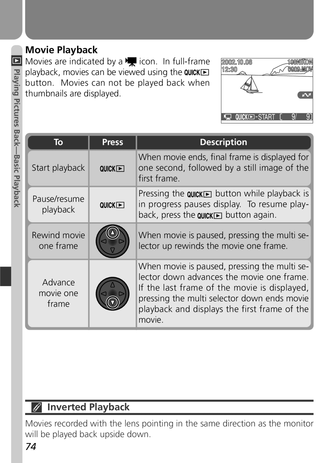 Nikon 3500 manual Movie Playback, Inverted Playback, Start playback Pause/resume Playback Rewind movie One frame 