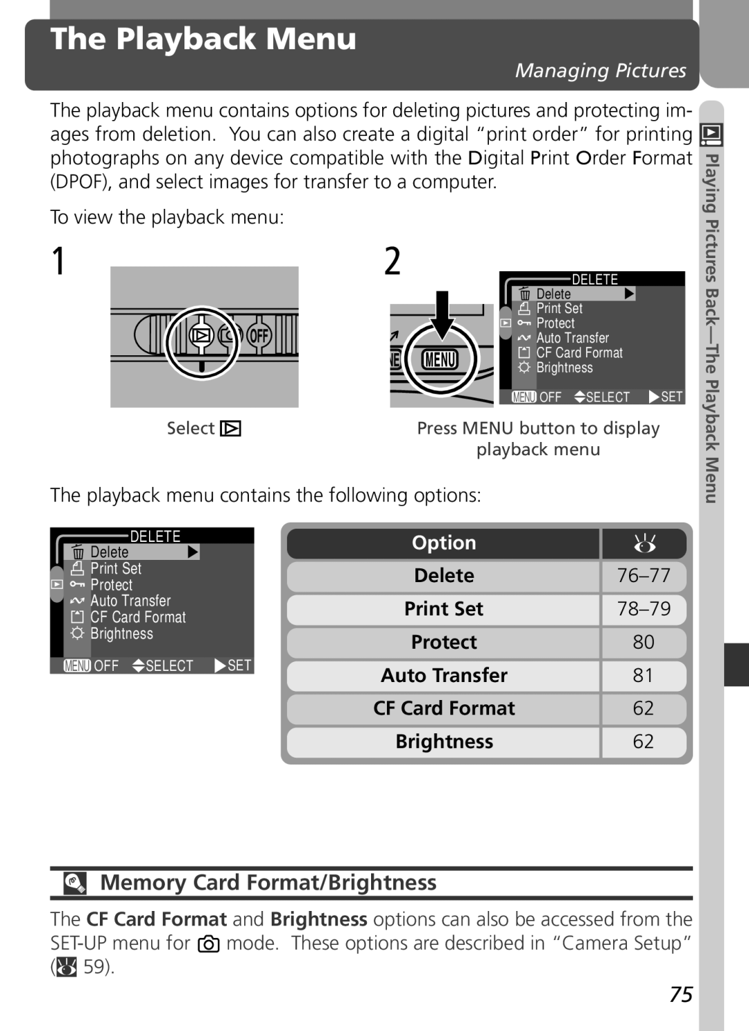 Nikon 3500 manual Playback Menu, Memory Card Format/Brightness, Managing Pictures, To view the playback menu 