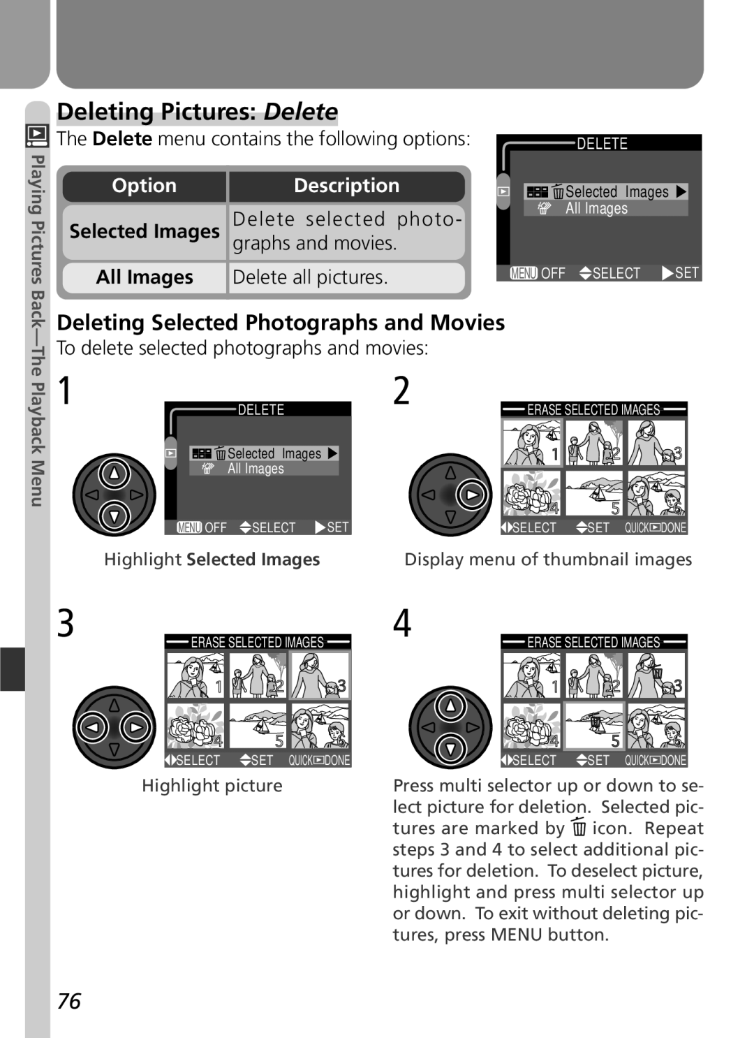 Nikon 3500 manual Deleting Pictures Delete, Deleting Selected Photographs and Movies 