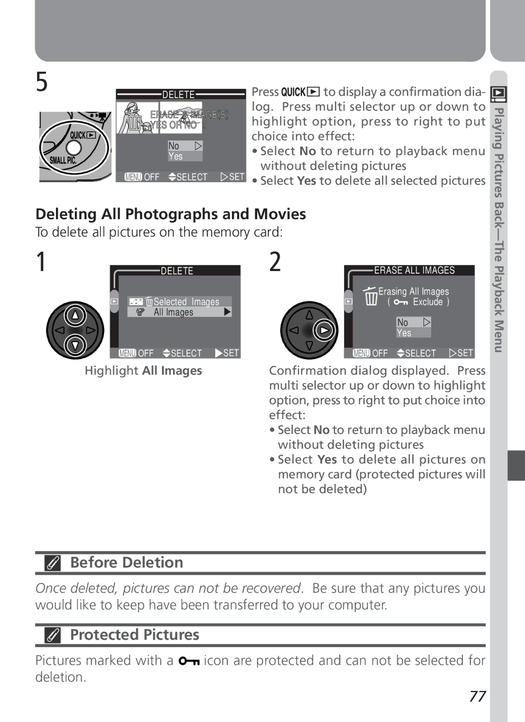 Nikon 3500 manual Deleting All Photographs and Movies, Before Deletion, Protected Pictures 