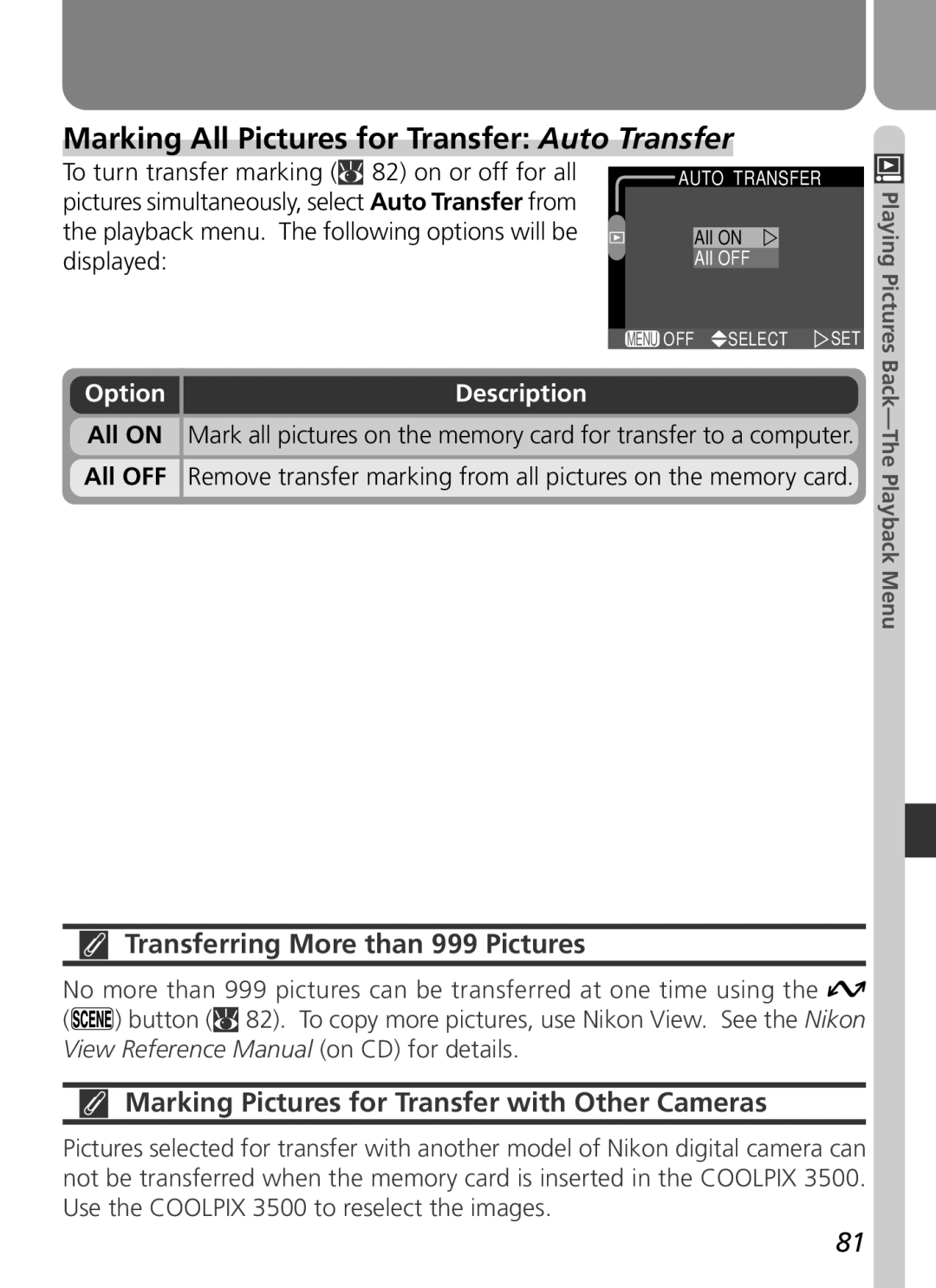 Nikon 3500 manual Marking All Pictures for Transfer Auto Transfer, Transferring More than 999 Pictures 