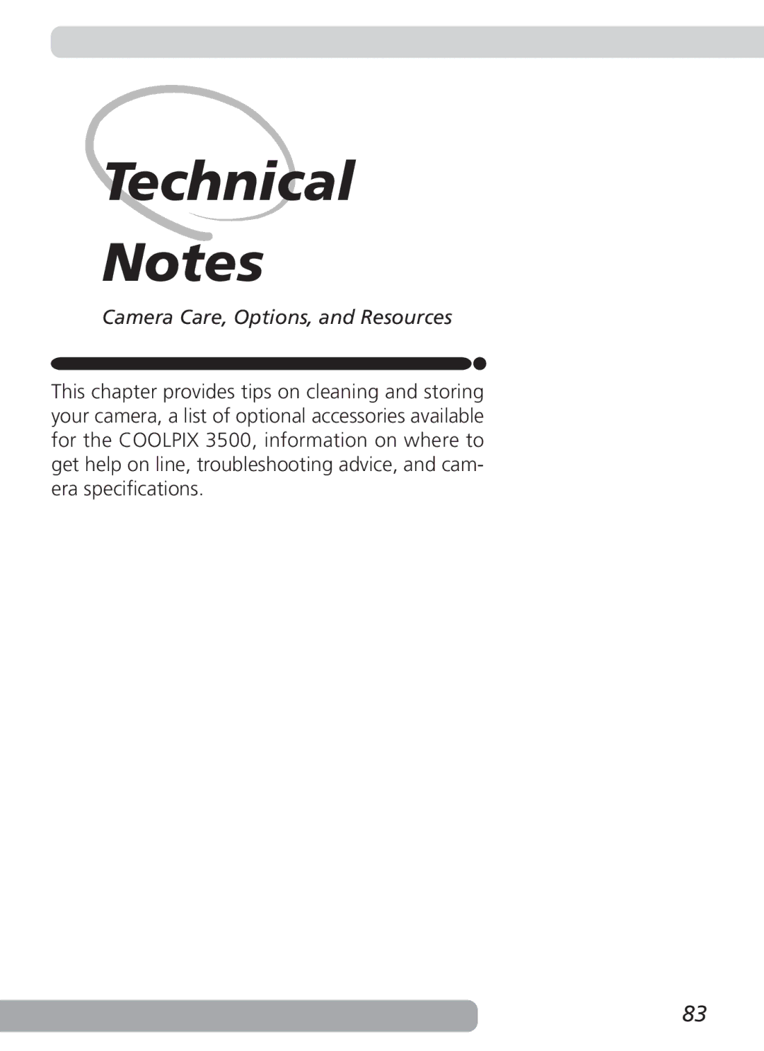 Nikon 3500 manual Technical, Camera Care, Options, and Resources 