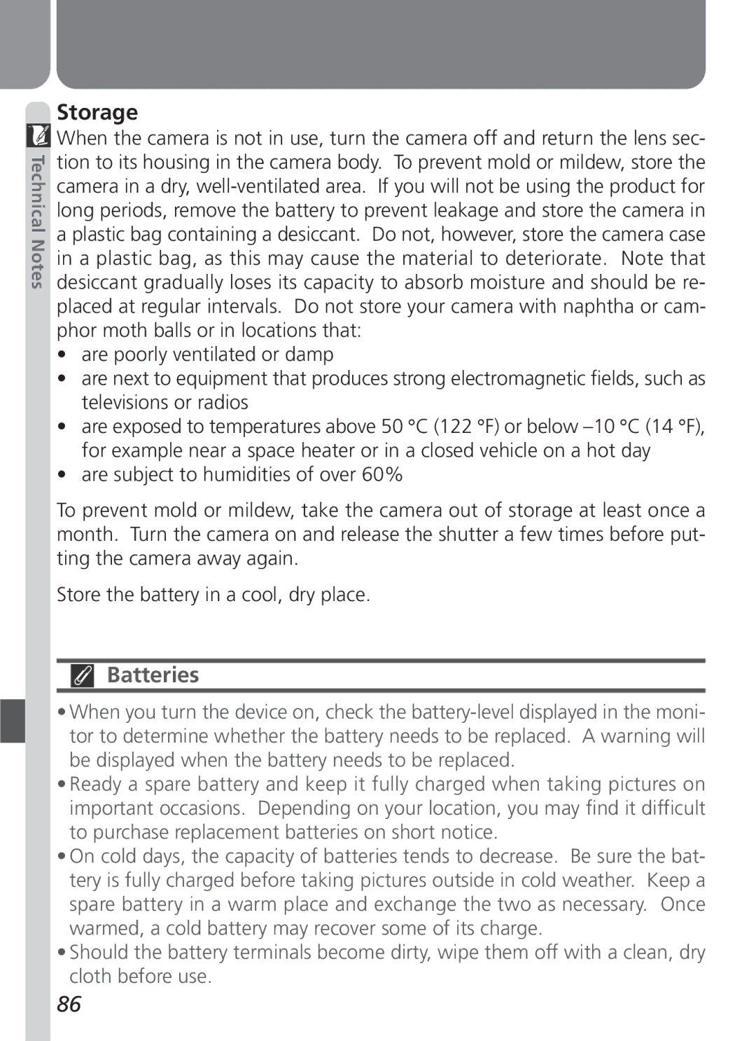 Nikon 3500 manual Storage, Batteries 