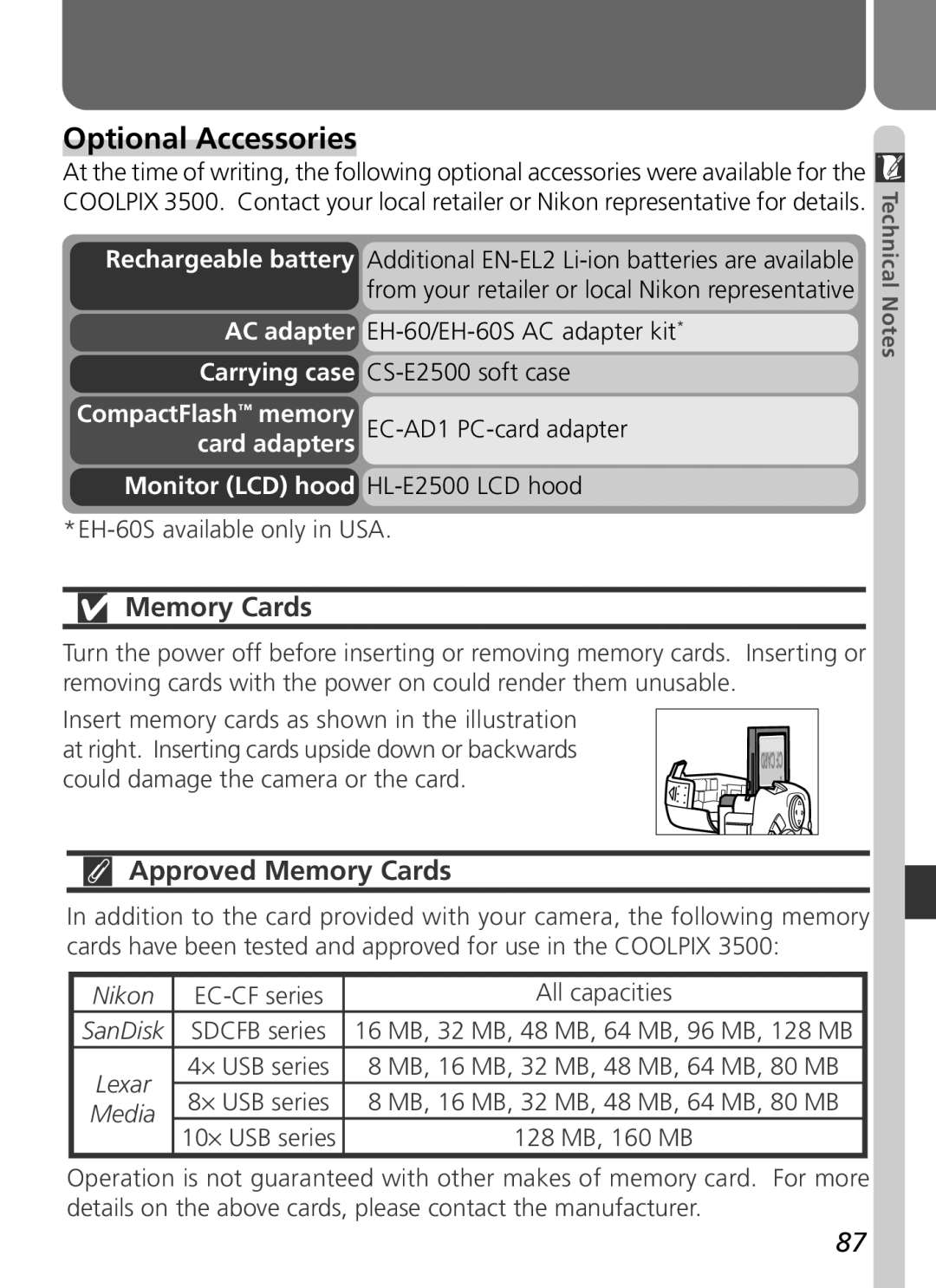 Nikon 3500 manual Optional Accessories, Approved Memory Cards, Rechargeable battery AC adapter Carrying case 