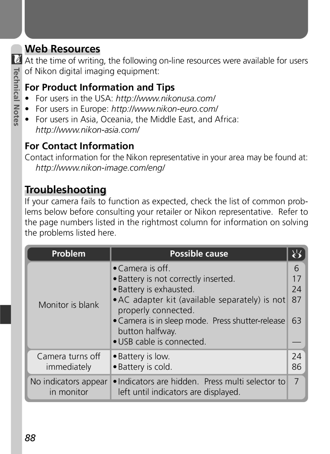 Nikon 3500 manual Web Resources, Troubleshooting, For Product Information and Tips For Contact Information, Problem 