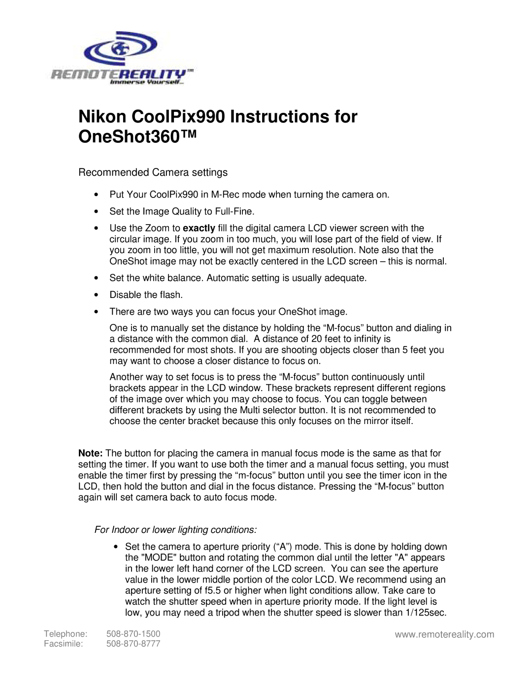 Nikon 360TM manual Nikon CoolPix990 Instructions for OneShot360, Recommended Camera settings 