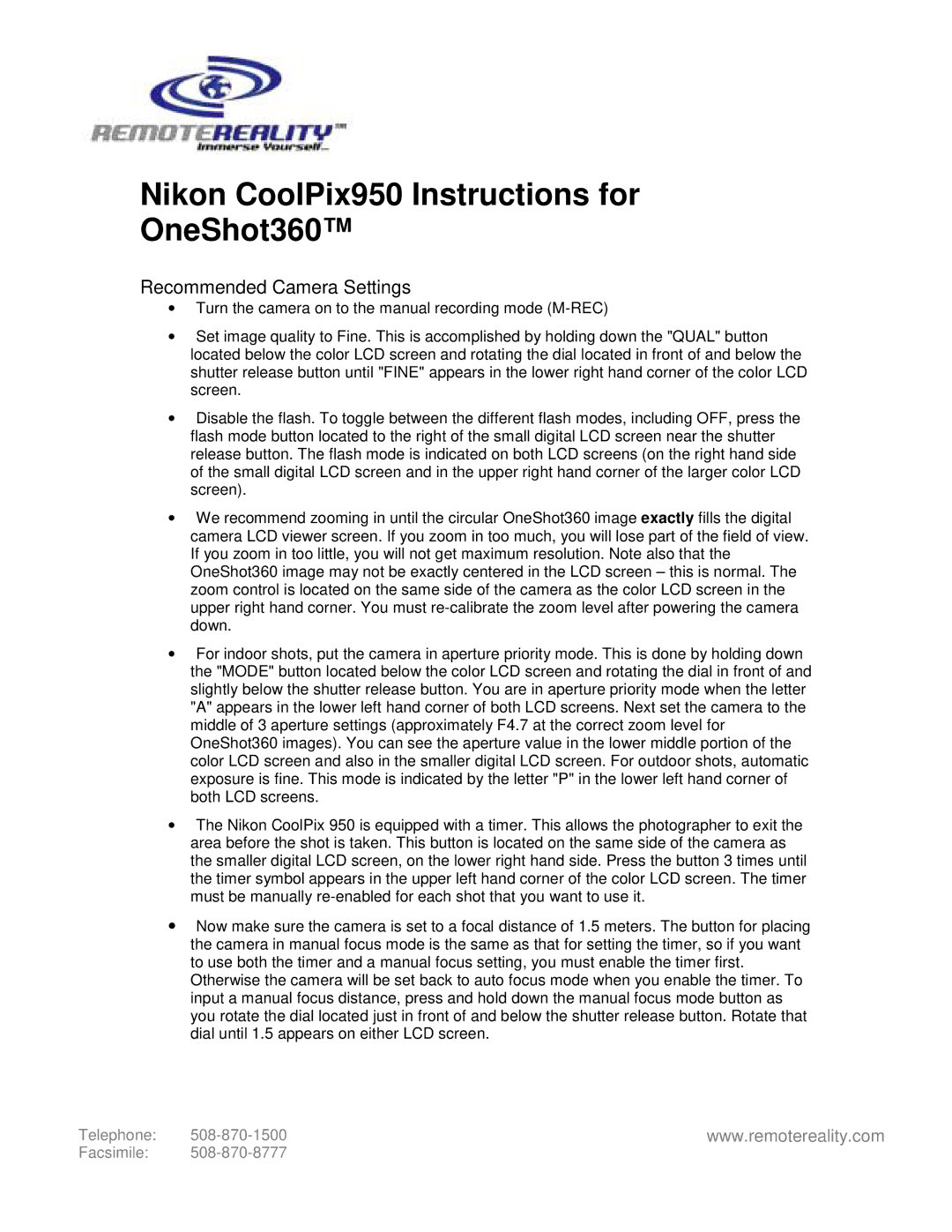 Nikon 360TM manual Nikon CoolPix950 Instructions for OneShot360, Recommended Camera Settings 