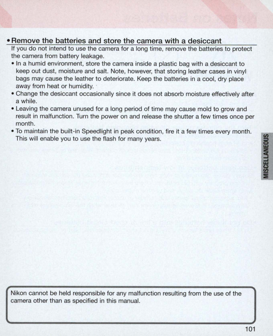 Nikon 55, 3699, 3700 instruction manual Remove the batteries and store the camera with a desiccant 