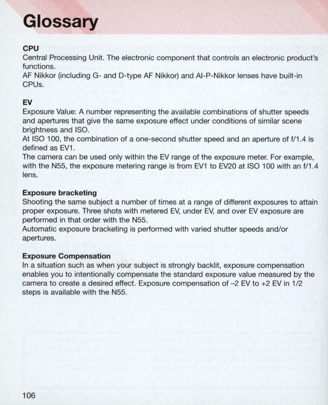 Nikon 3700, 3699, 55 instruction manual Glossary, Exposure bracketing, Exposure Compensation 