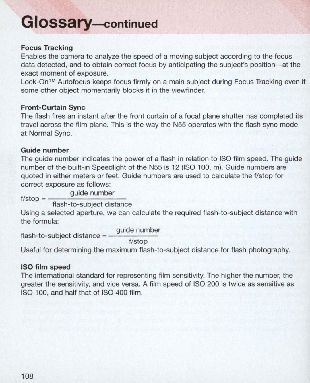 Nikon 3699, 3700, 55 instruction manual Focus Tracking, Front-Curtain Sync, Guide number, ISO film speed 