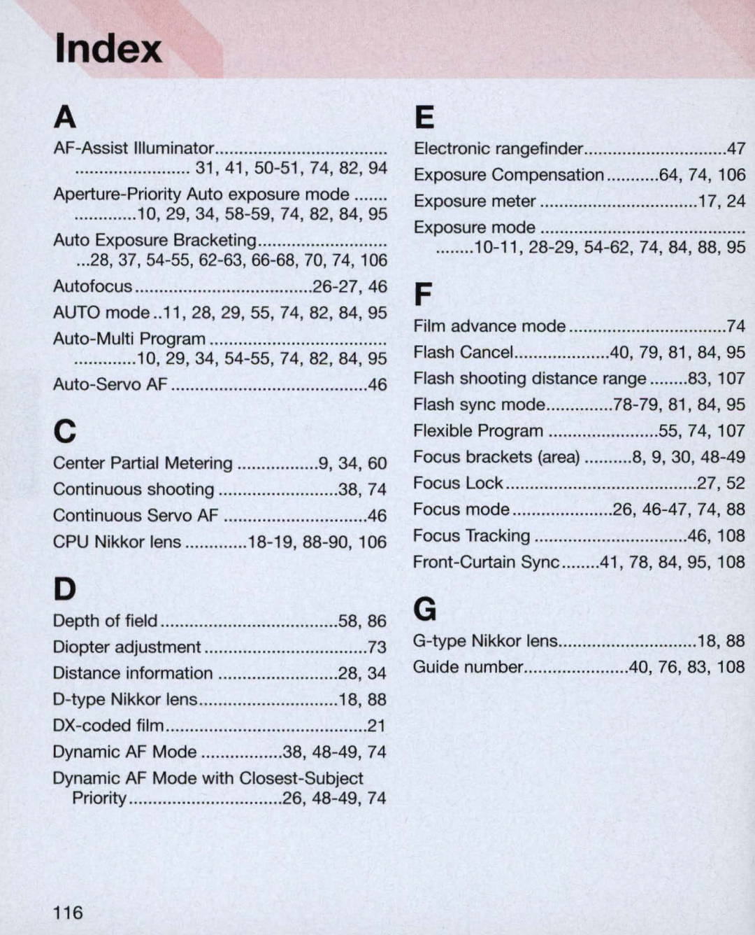 Nikon 55, 3699, 3700 instruction manual Index 