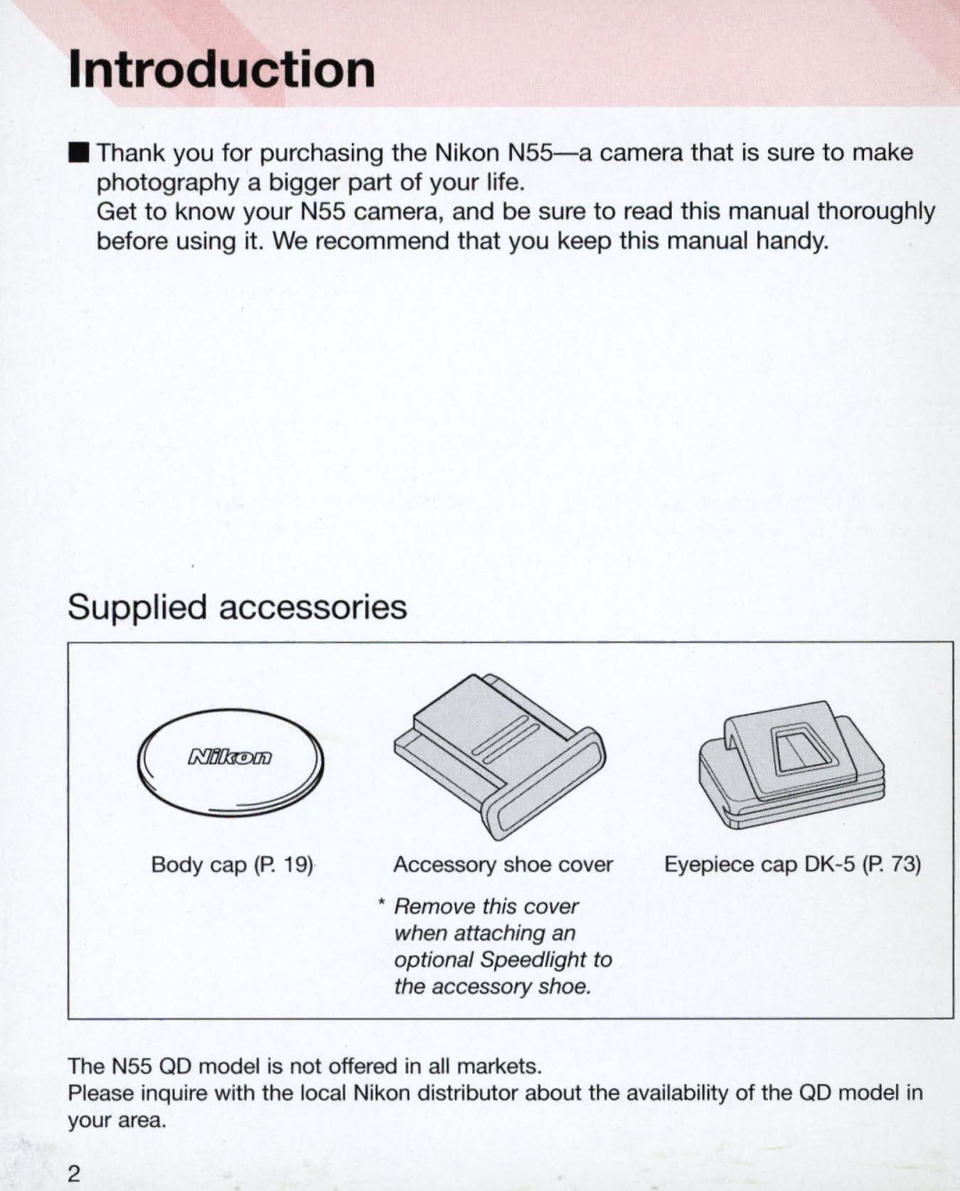 Nikon 55, 3699, 3700 instruction manual Introduction, Body cap P 