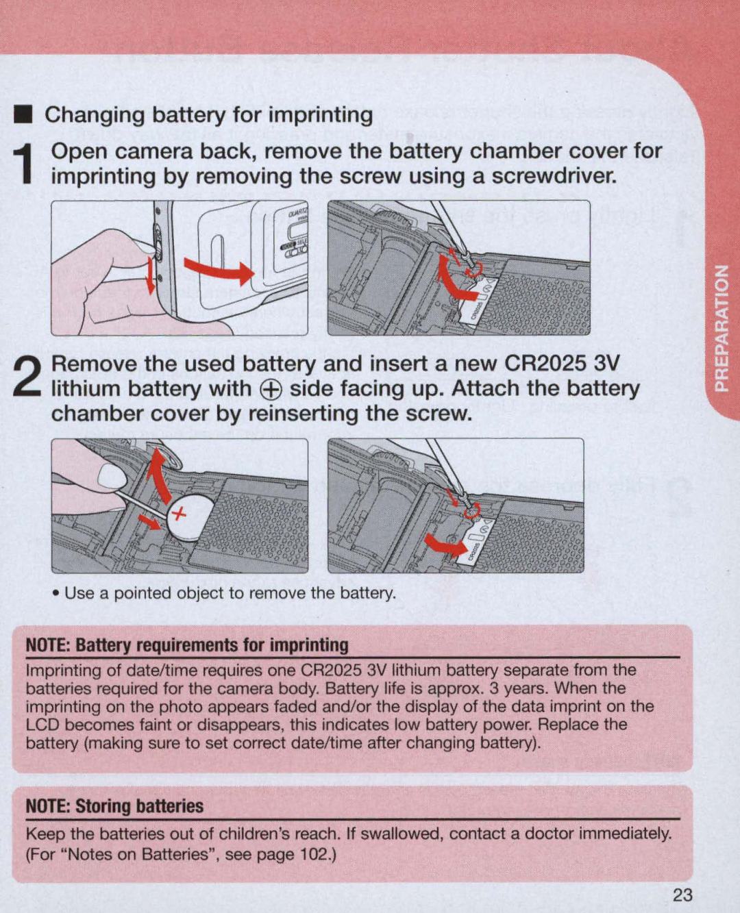 Nikon 55, 3699, 3700 instruction manual Changing battery for imprinting 