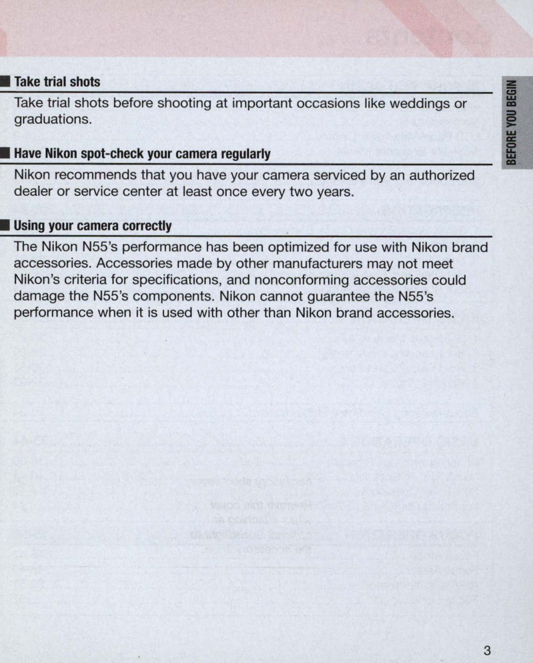 Nikon 3699, 3700, 55 Take trial shots, Have Nikon spot-check your camera regularly, Using your camera correctly 