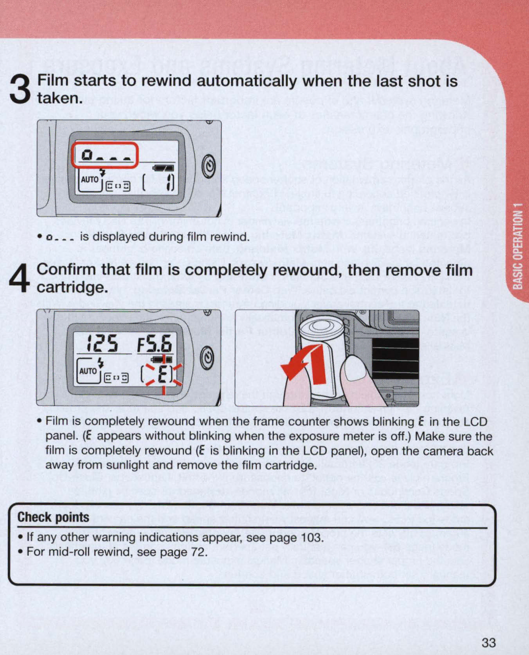 Nikon 3699, 3700, 55 instruction manual DE3 Il, · 0 is displayed during film rewind 