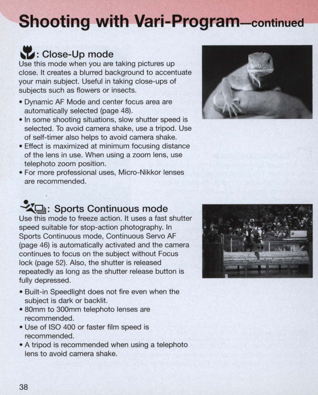 Nikon 55, 3699, 3700 instruction manual ~ Close- Up mode, ~Qj Sports Continuous mode 