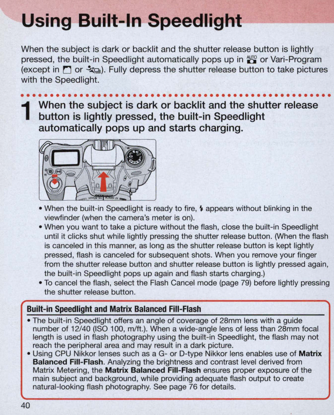 Nikon 3700, 3699, 55 instruction manual Using Built-InSpeedlight 