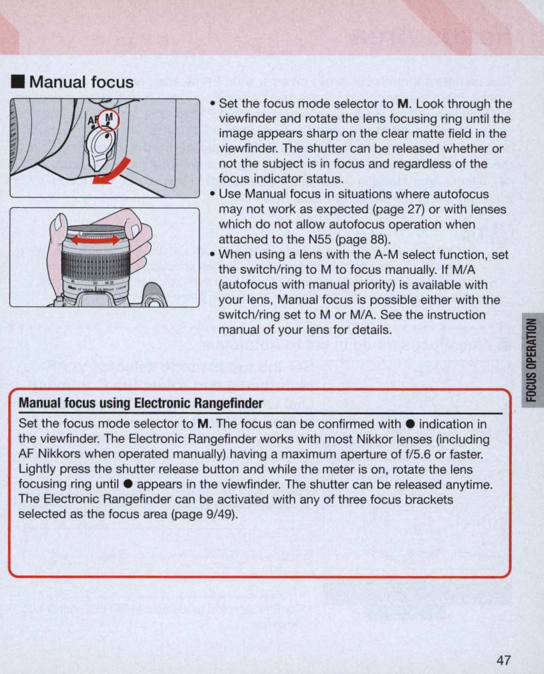 Nikon 55, 3699, 3700 instruction manual Manual focus using Electronic Rangefinder 