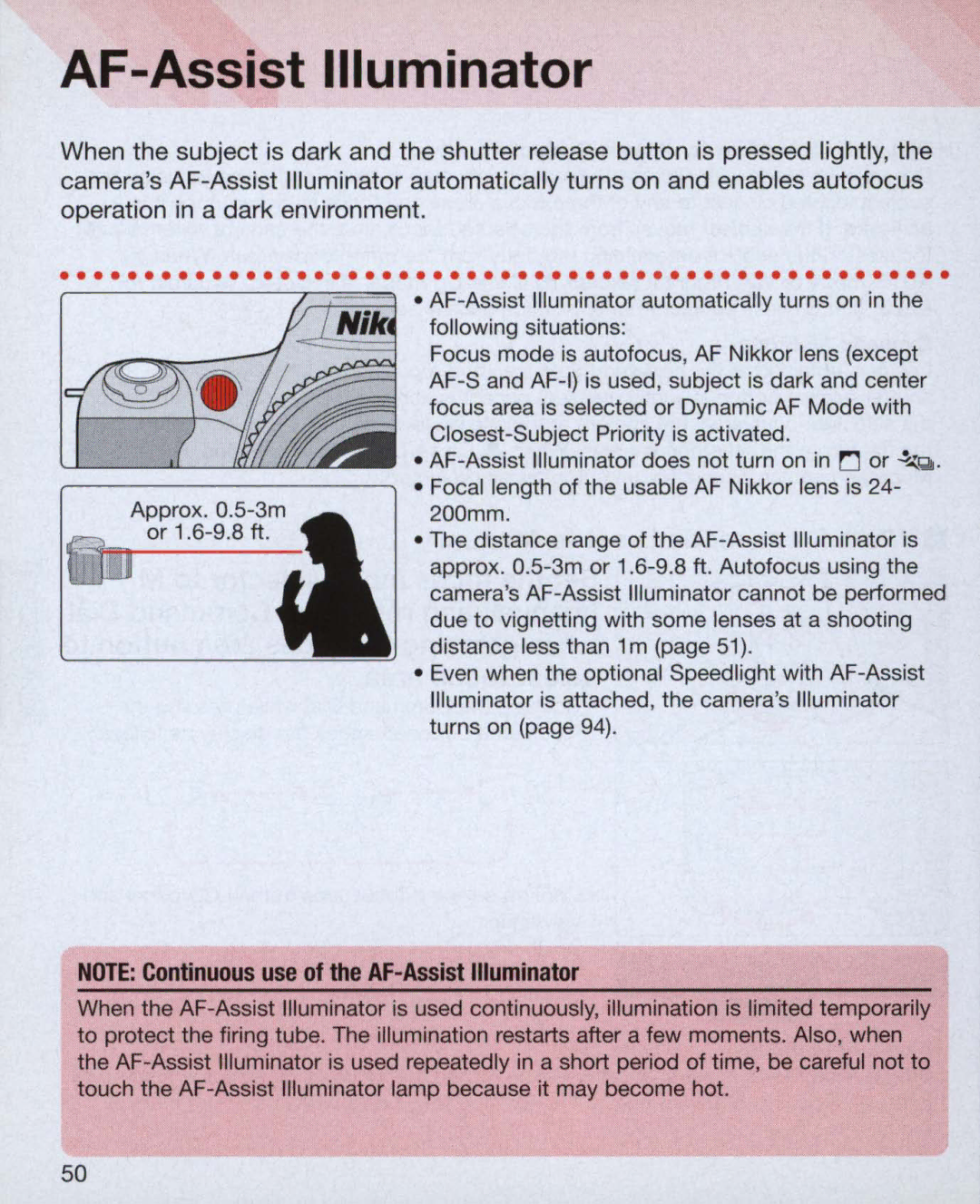 Nikon 55, 3699, 3700 instruction manual AF-Assist Illuminator, Approx. O.5-3~ 