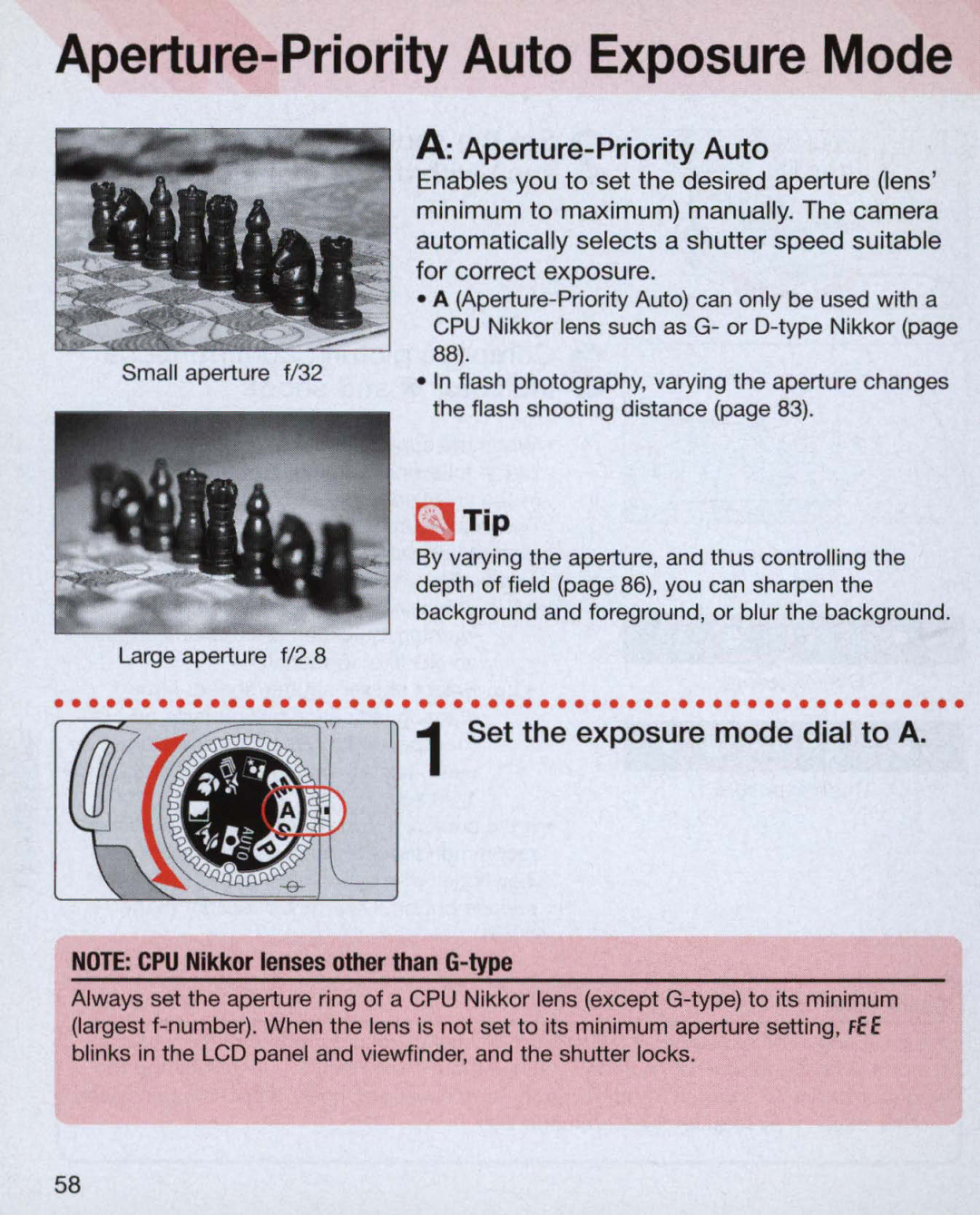 Nikon 3700, 3699, 55 instruction manual AAperture-Priority Auto, Set the exposure mode dial to a 