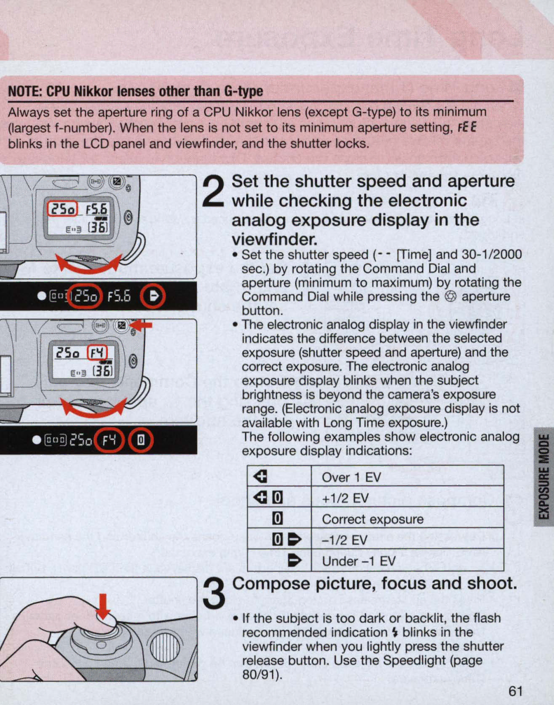 Nikon 3700, 3699, 55 Set the shutter speed and aperture, While checking the electronic, Analog exposure display 