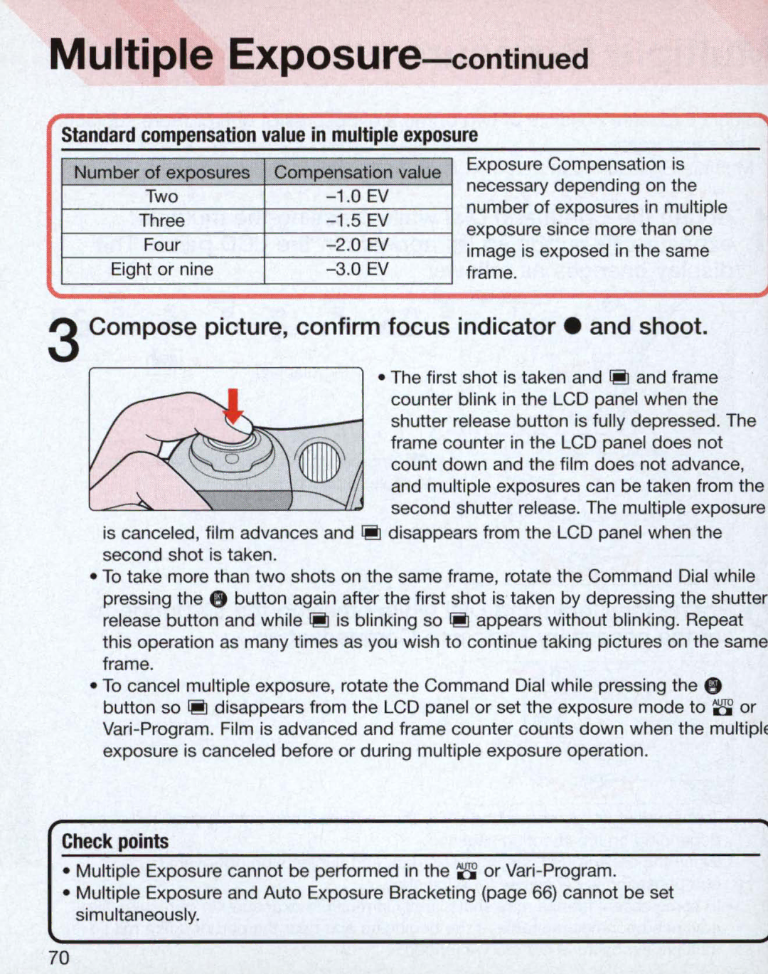 Nikon 3700, 3699, 55 Standard compensation value in multiple exposure, Number of exposures Compensation value 