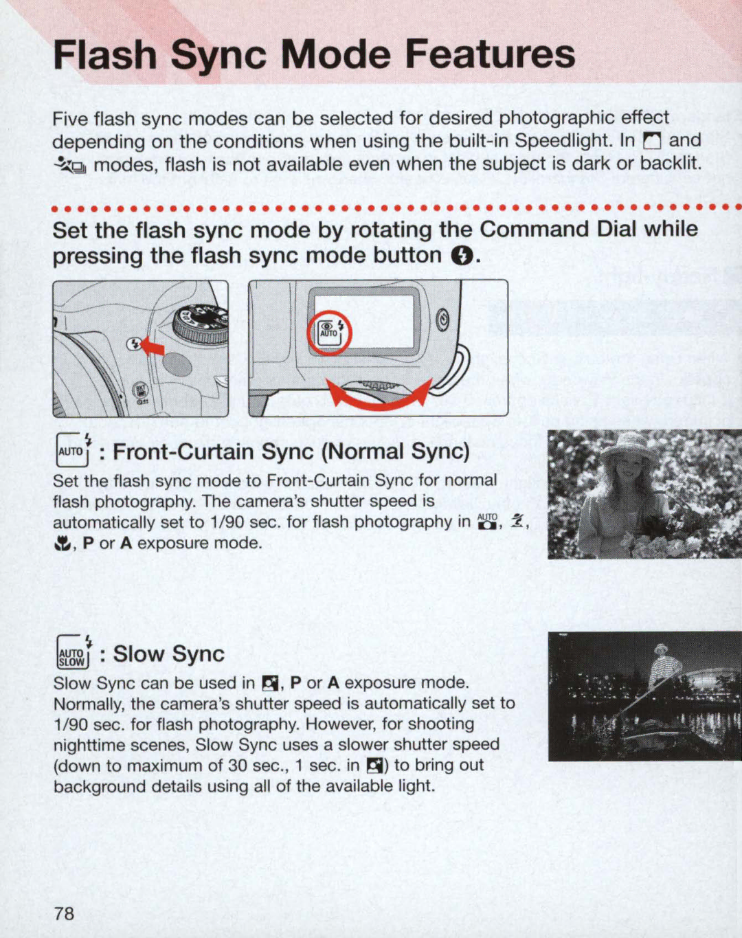 Nikon 3699, 3700, 55 instruction manual Flash Sync Mode Features, ~ , P or a exposure mode 