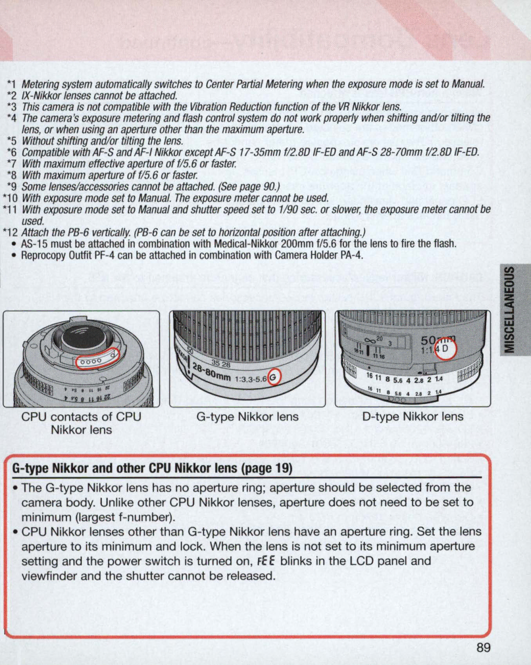 Nikon 55, 3699, 3700 instruction manual Type Nikkor and other CPU Nikkor lens, Type Nikkor lens 