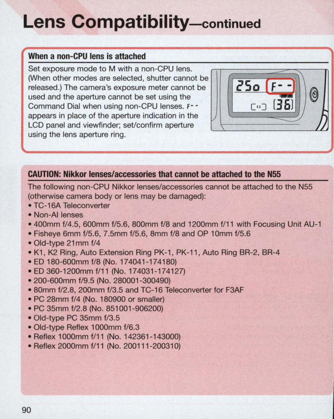 Nikon 3699, 3700, 55 instruction manual C50 rf, When a non-CPU lens is attached 